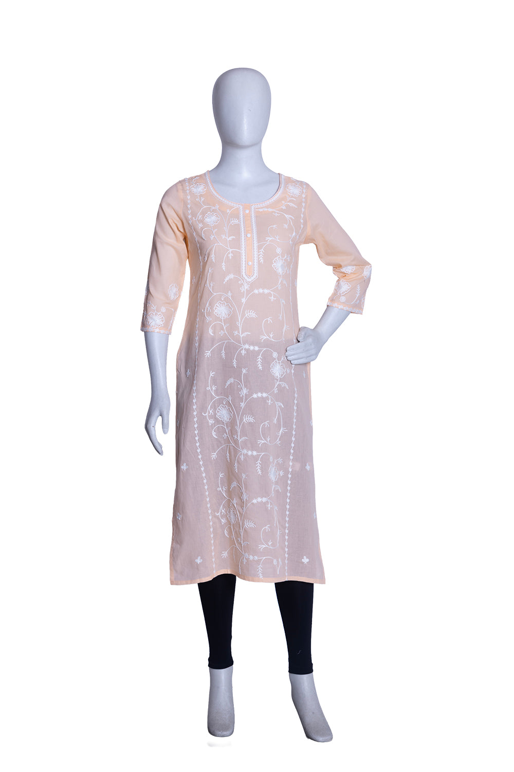 Peach Cotton Aari Work Straight Kurti