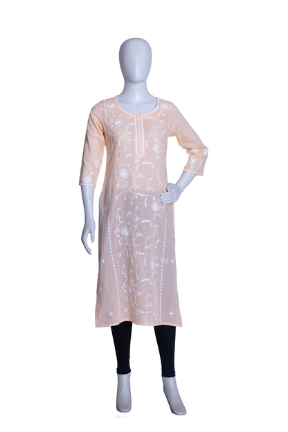 Peach Cotton Aari Work Straight Kurti