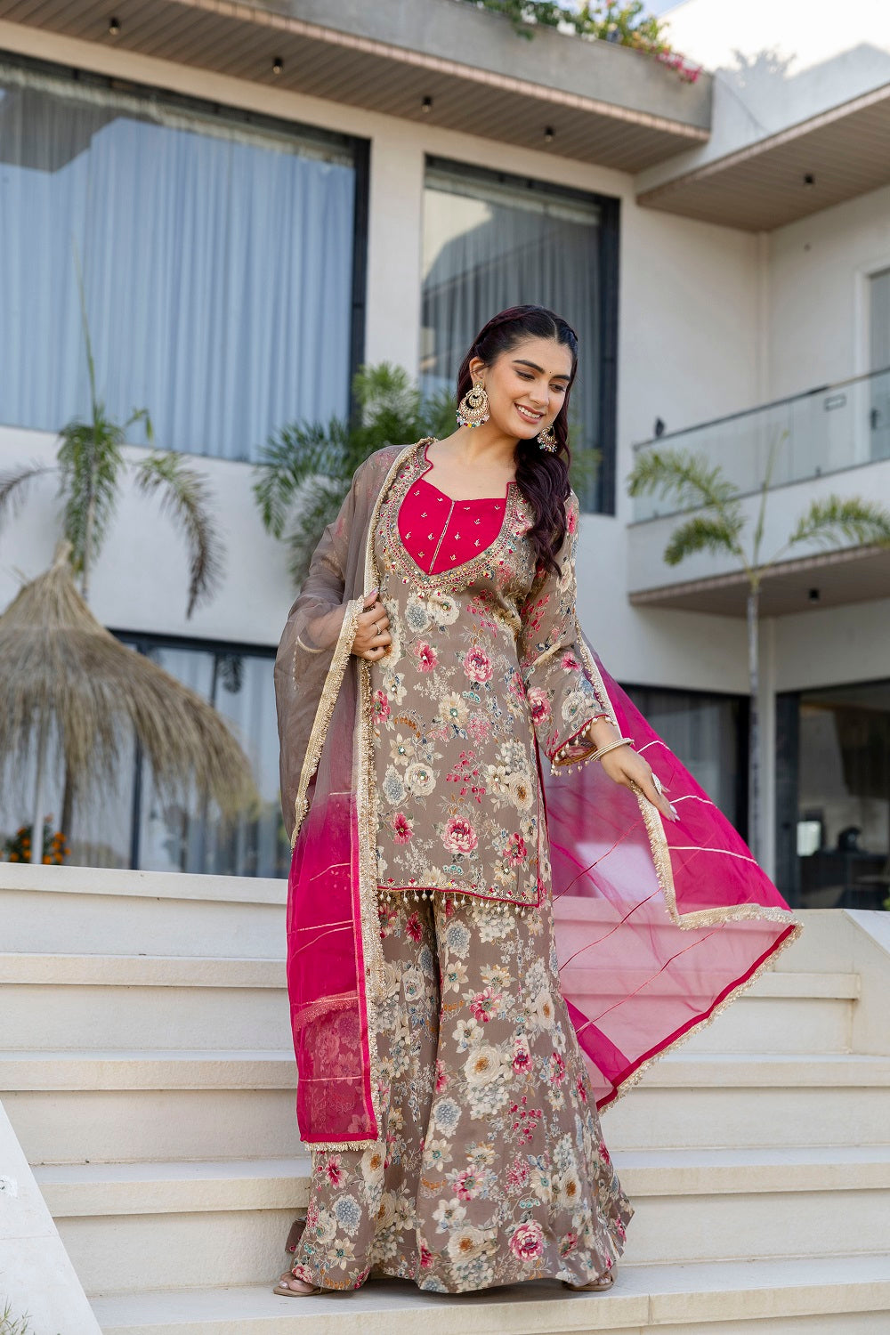 Brown Chinon Garara Kurti 3 Pieces Set
