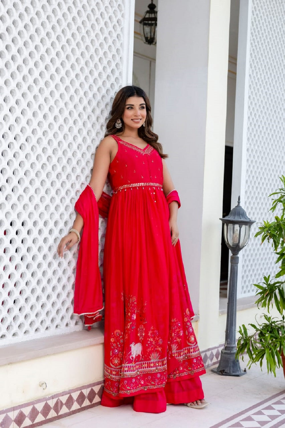 Rani Pink Chinon Skirt Kurti 3 Pieces Set