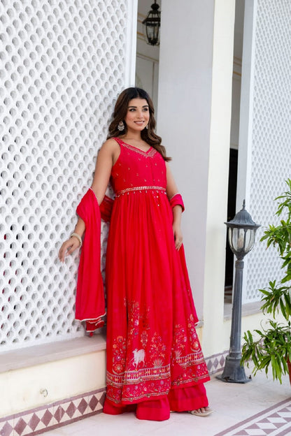 Rani Pink Chinon Skirt Kurti 3 Pieces Set