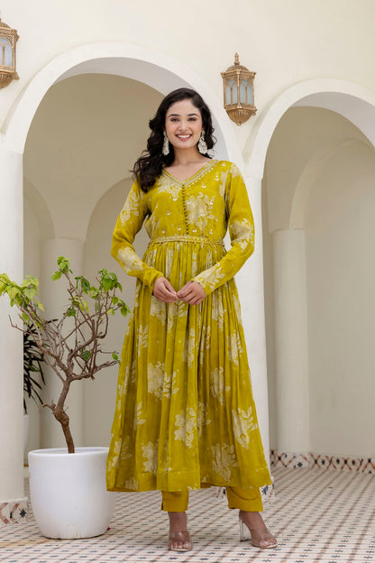 M Green Chinon Frock Kurti 3 Pieces Set