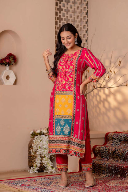 PINK PARTY QUEEN STRAIGHT KURTI WITH PANT DUPATTA SET