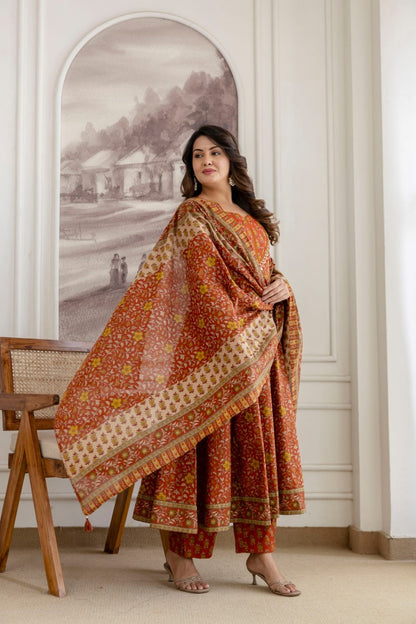 Rust Cotton Kurti Frock 3 Pieces Set