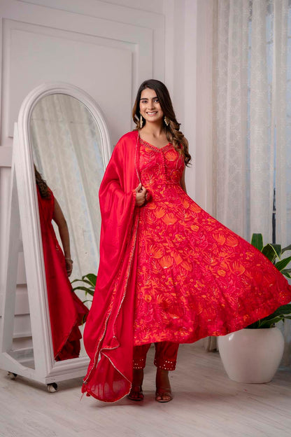 RED PARTYQUEEN KURTI FROCK PANT WITH DUPATTA SET