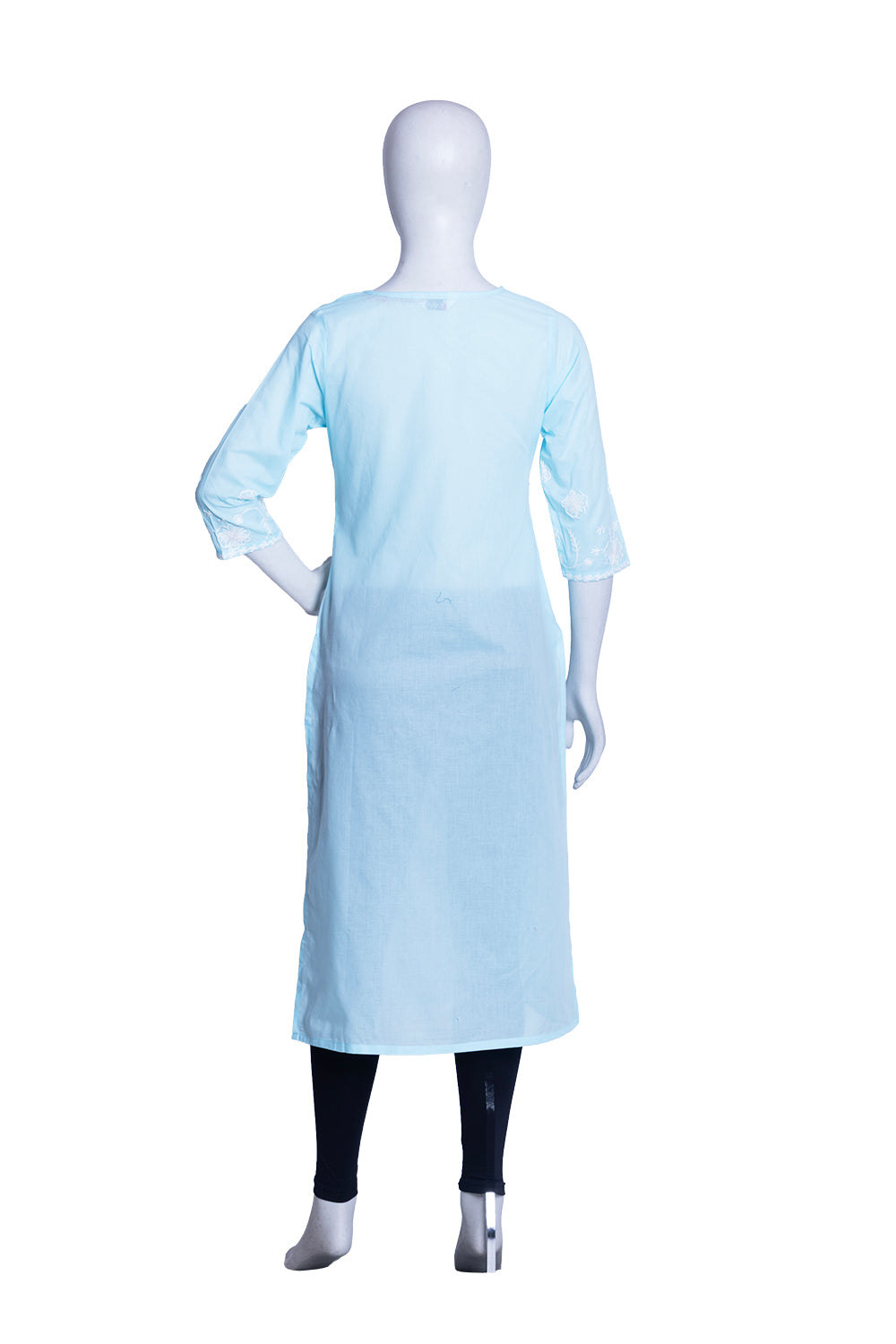 Sky Blue Cotton Aari Work Straight Kurti