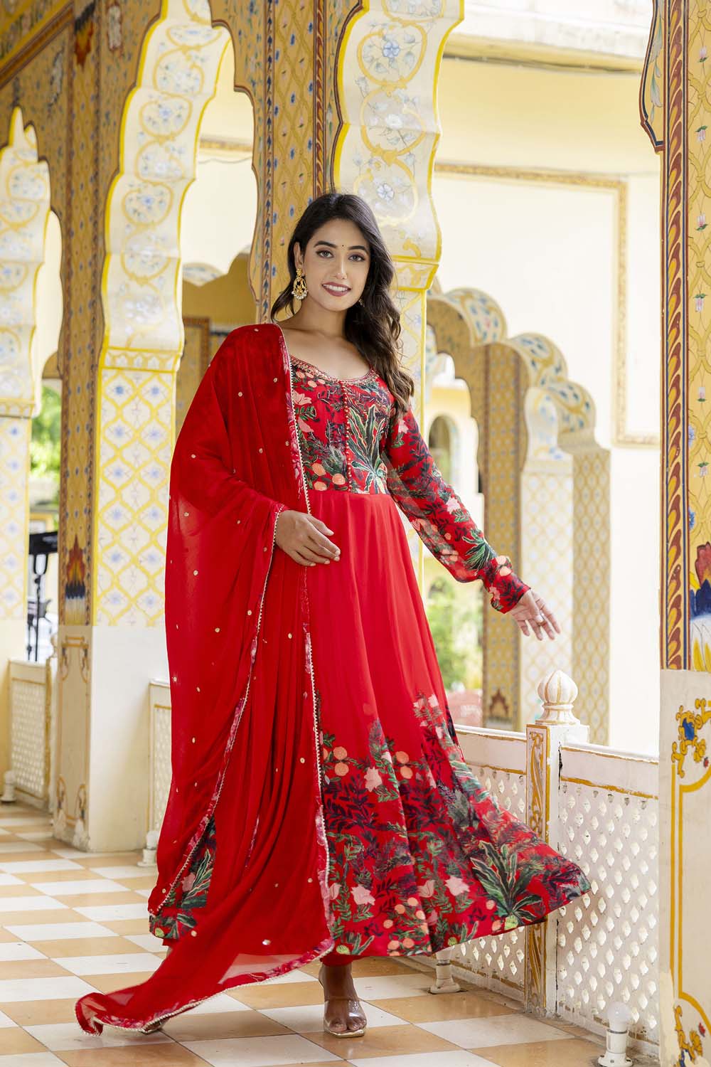 KAIRA RED KURTI FROCK PANT DUPATTA SET