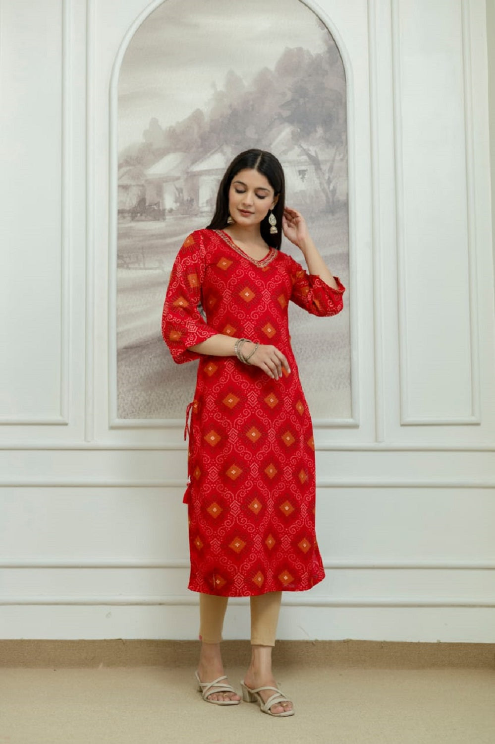 Red Rayon Handwork Straight Cut Kurti