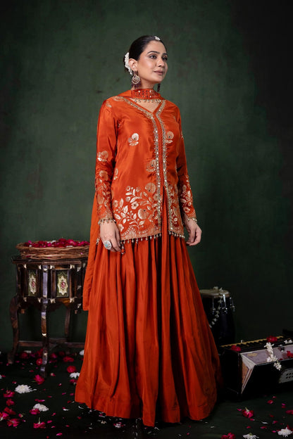 Rust Chinon Partyqueen Kurti Skirt 3 Pieces Set