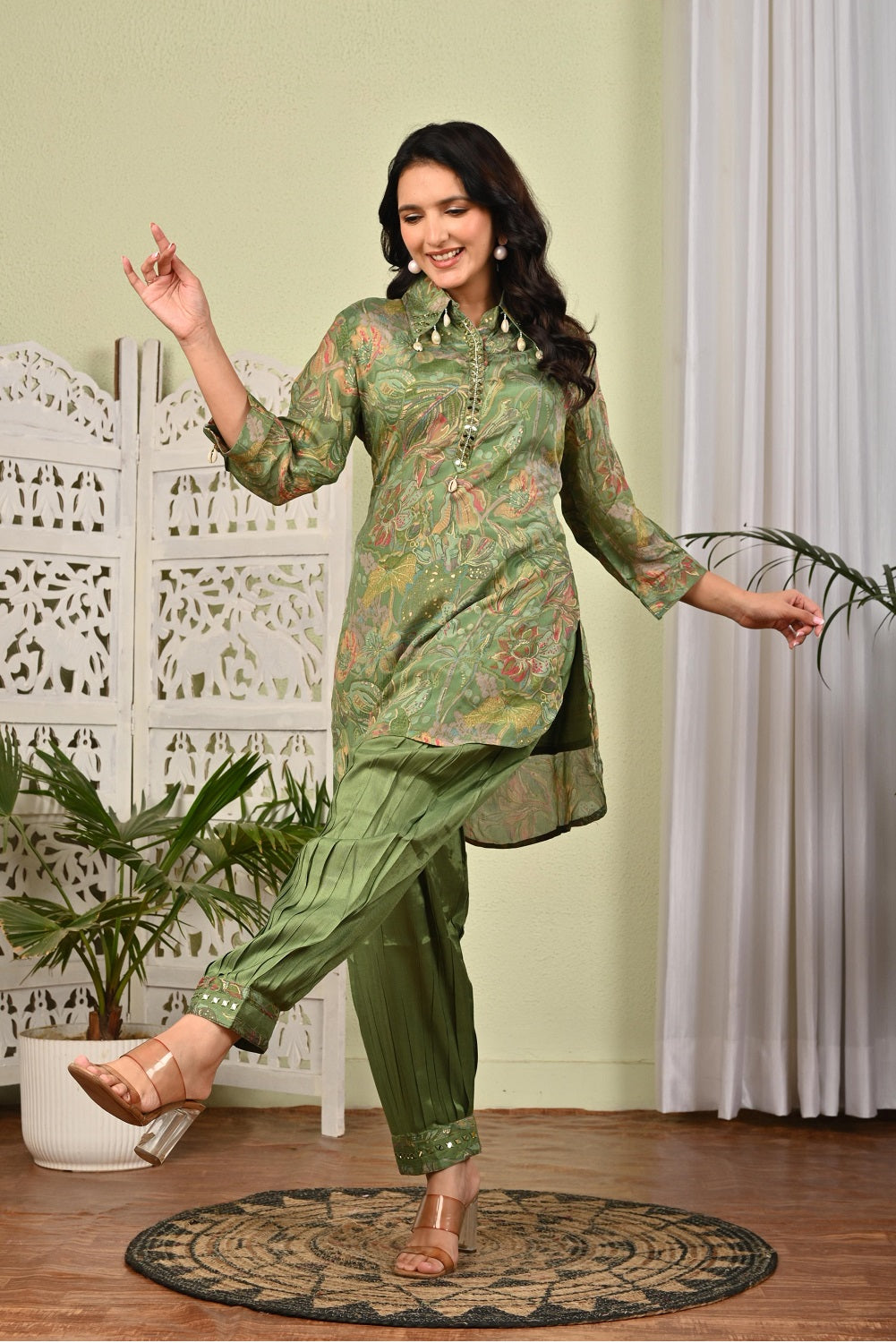 Pista Green Chinon Printed 2 Pieces Set