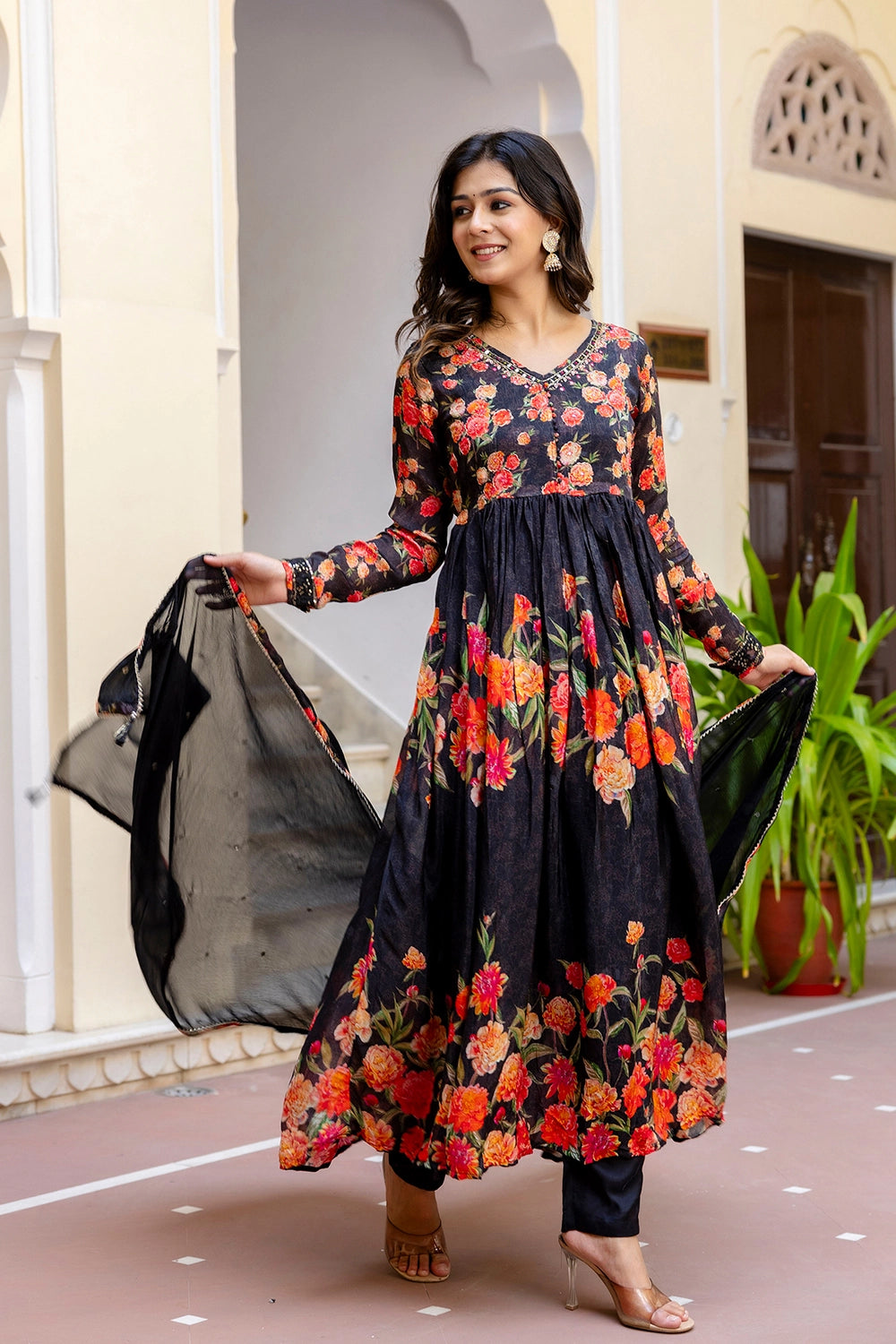 KAIRA BLACK PARTY QUEEN KURTI FROCK PANT DUPATTA SET