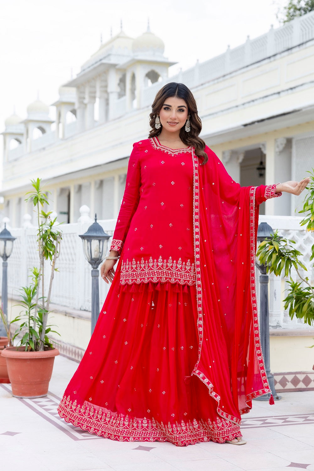 Rani Pink Chinon Skirt Kurti 3 Pieces Set