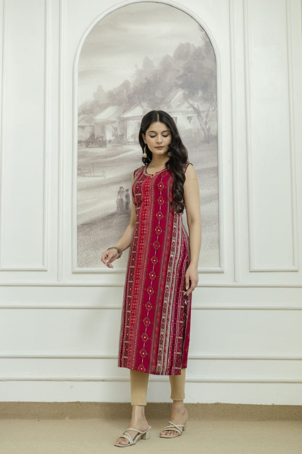 Maroon Rayon Handwork Straight Cut Kurti