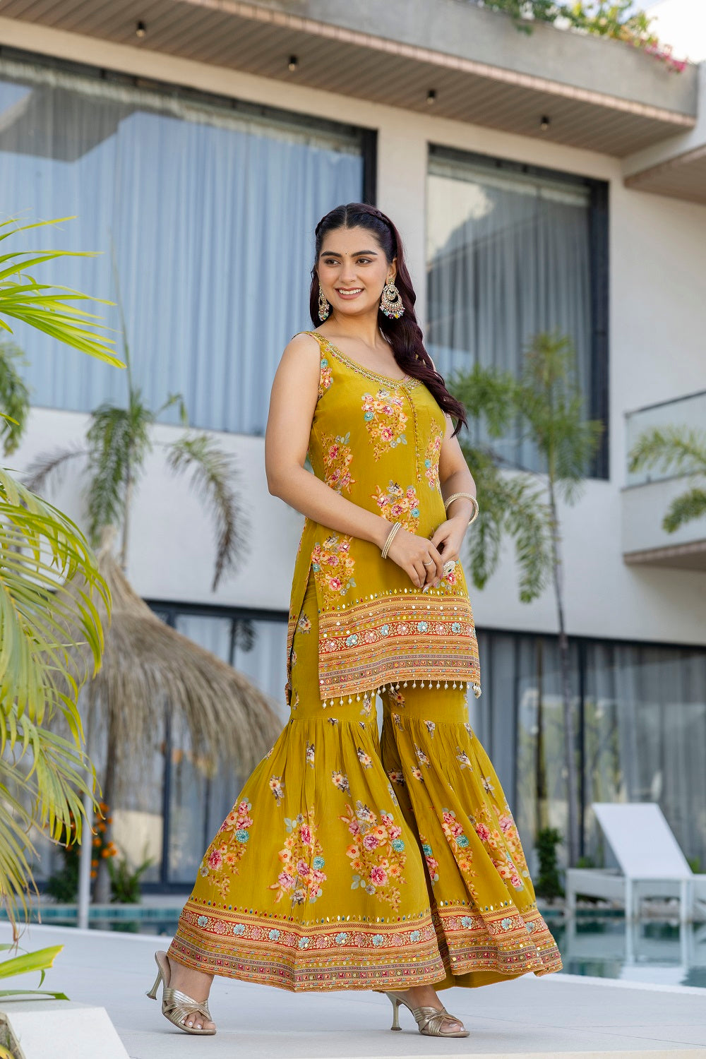 M Green Crepe Sharara Kurti 3 Pieces Set