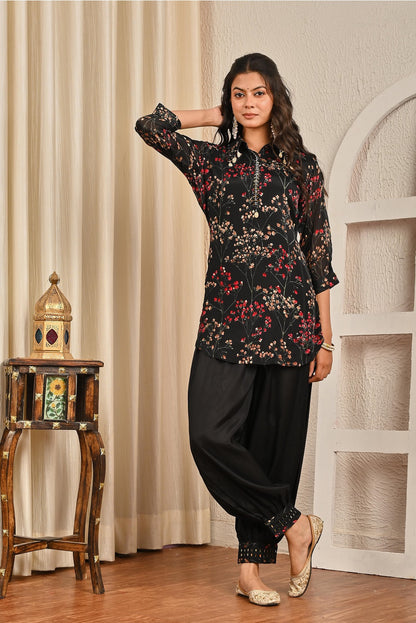 Black Printed Chinon Kurti 2 Pieces Set