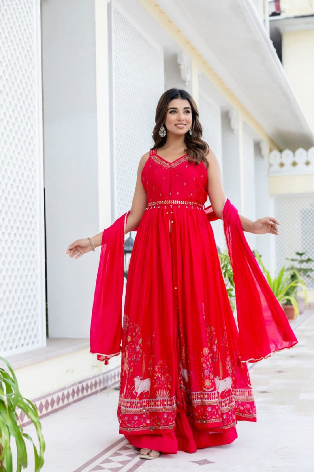 Rani Pink Chinon Skirt Kurti 3 Pieces Set