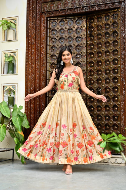 Gold Colour Chinon Frock Kurti 3 Pieces Set