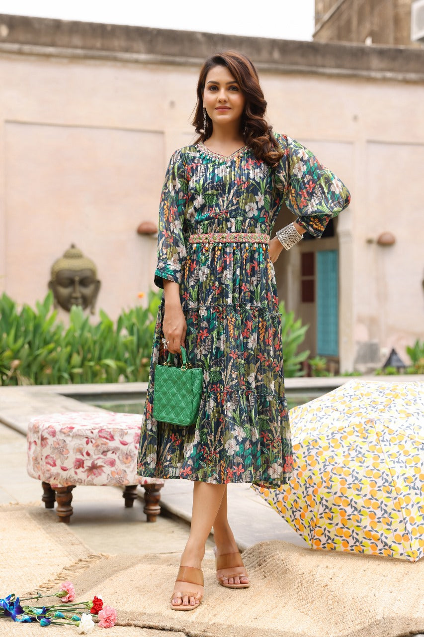 Bottle Green Chinon Printed Frock