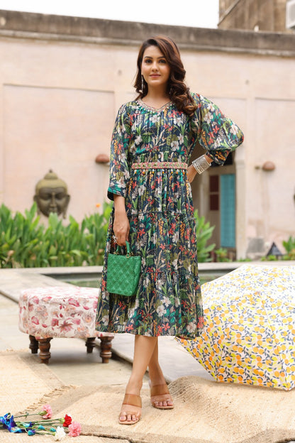 Bottle Green Chinon Printed Frock