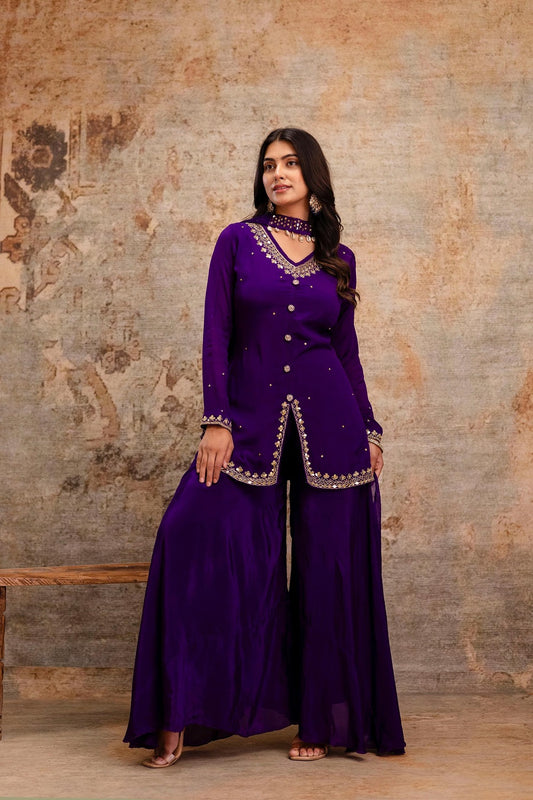 Violet Chinon Short Kurti 3 Pieces Set
