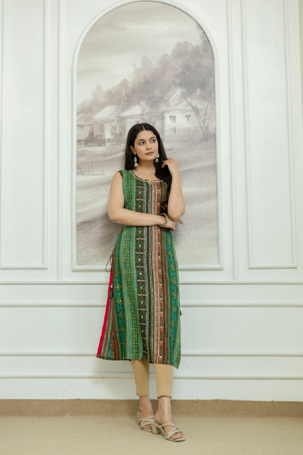 Green Rayon Handwork Straight Cut Kurti
