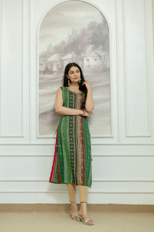 Green Rayon Handwork Straight Cut Kurti