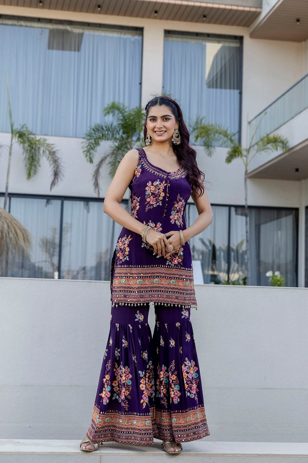 Violet Crepe Sharara Kurti 3 Pieces Set