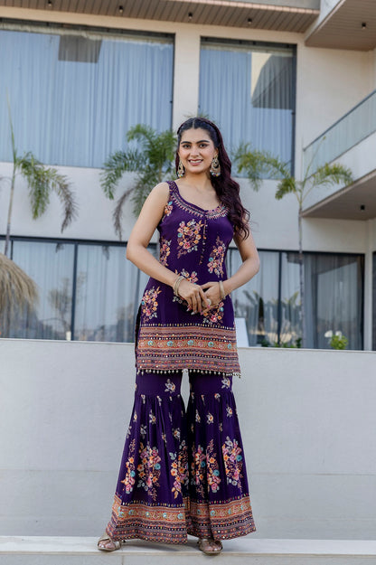 Violet Crepe Sharara Kurti 3 Pieces Set