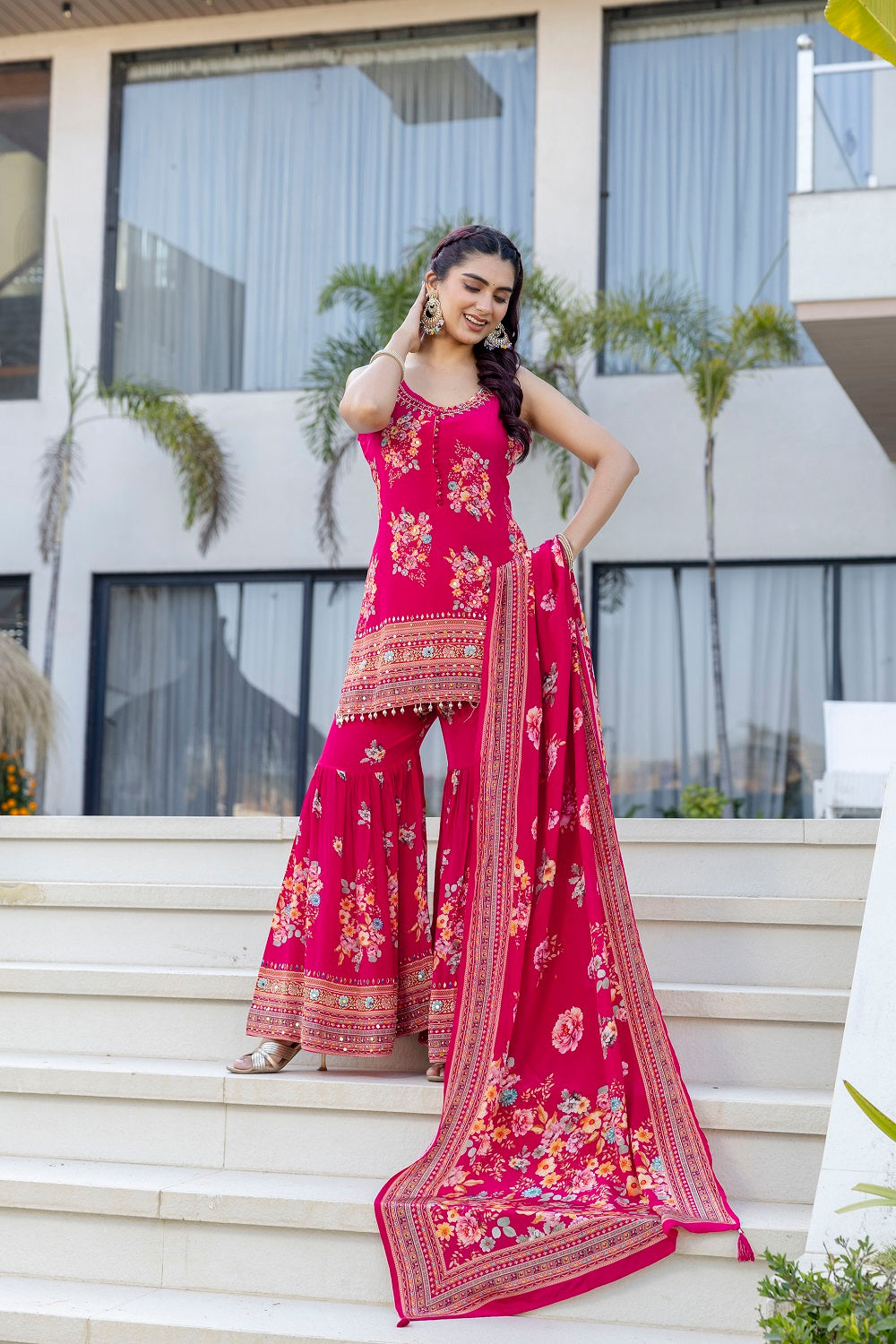 Rani Pink Sharara Kurti 3 Pieces Set