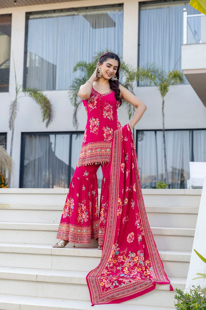Rani Pink Sharara Kurti 3 Pieces Set