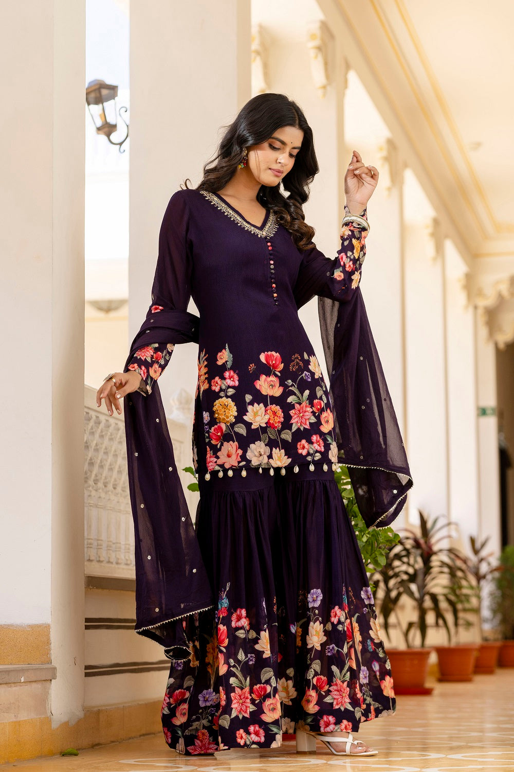 Dark Violet Chinon Short Kurti 3 Pieces Set
