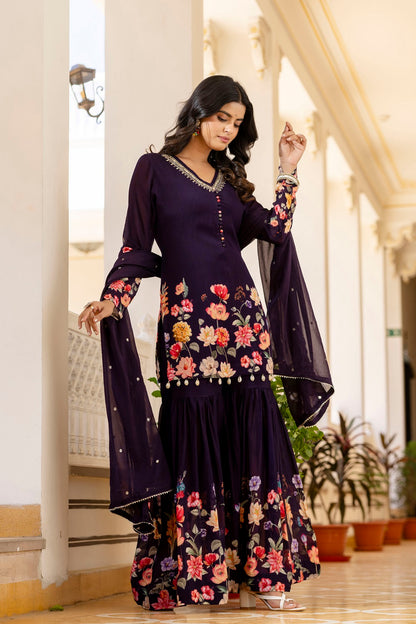 Dark Violet Chinon Short Kurti 3 Pieces Set
