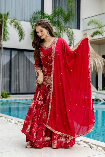 Red Chinon Kurti Skirt 3 Pieces Set