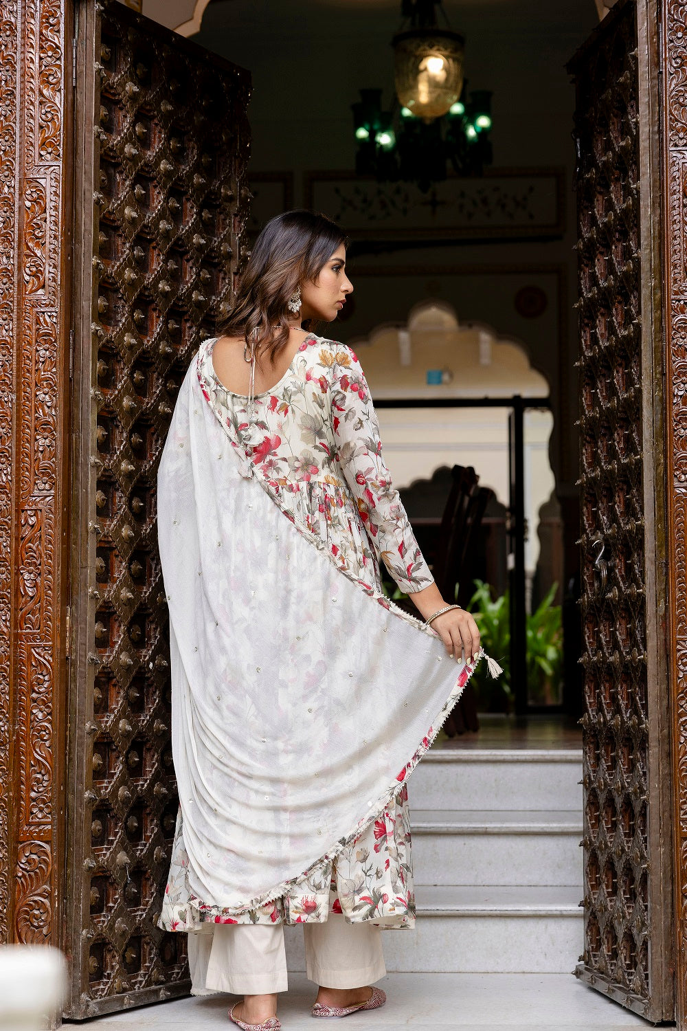 Cream Chinon Frock Kurti 3 Pieces Set