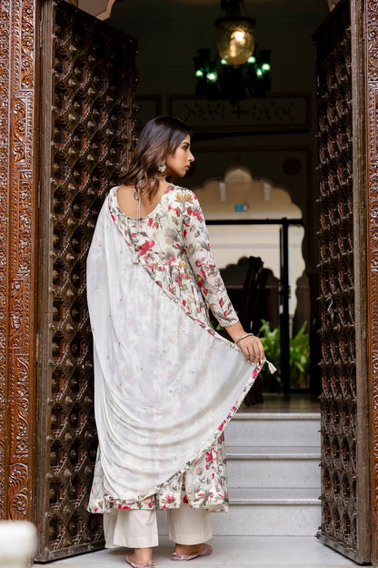 Cream Chinon Frock Kurti 3 Pieces Set