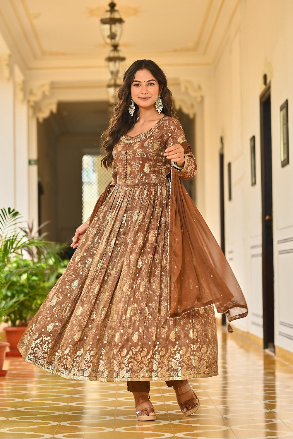 Brown Shimmer Frock Kurti 3 Pieces Set
