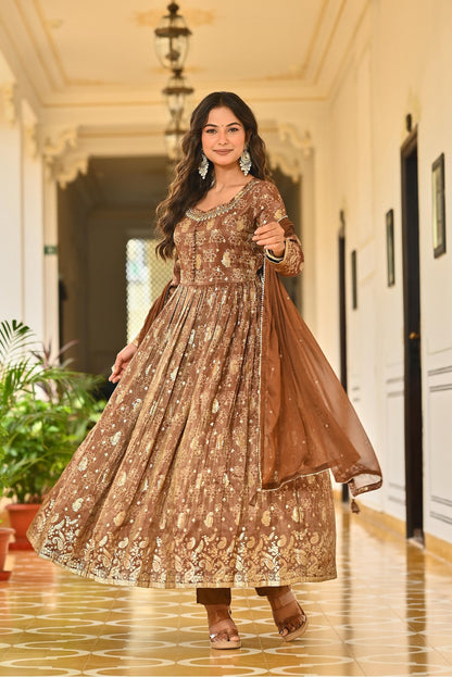 Brown Shimmer Frock Kurti 3 Pieces Set
