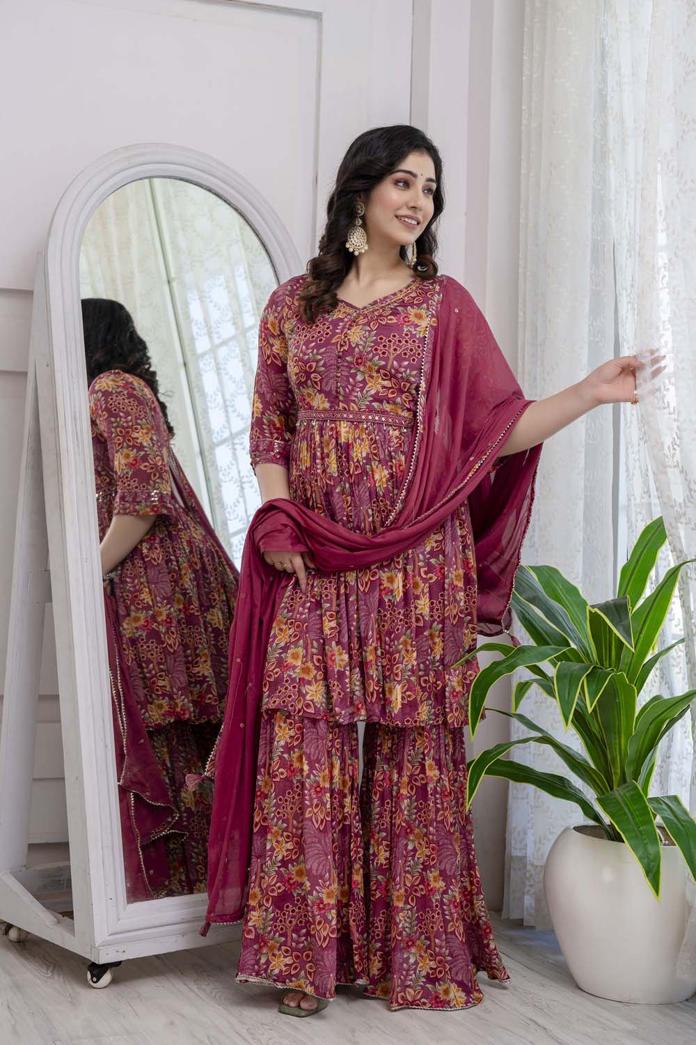 KAIRA ONION PINK PRINTED POPLON KURTI PLAZO DUPATTA SET