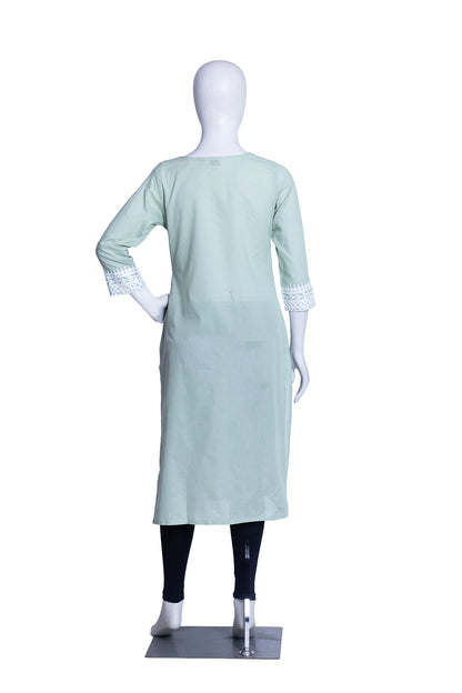 Pista Green Cotton Aari Work Straight Kurti