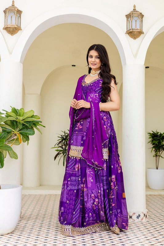 Purple Chinon Skirt Kurti 3 Pieces Set