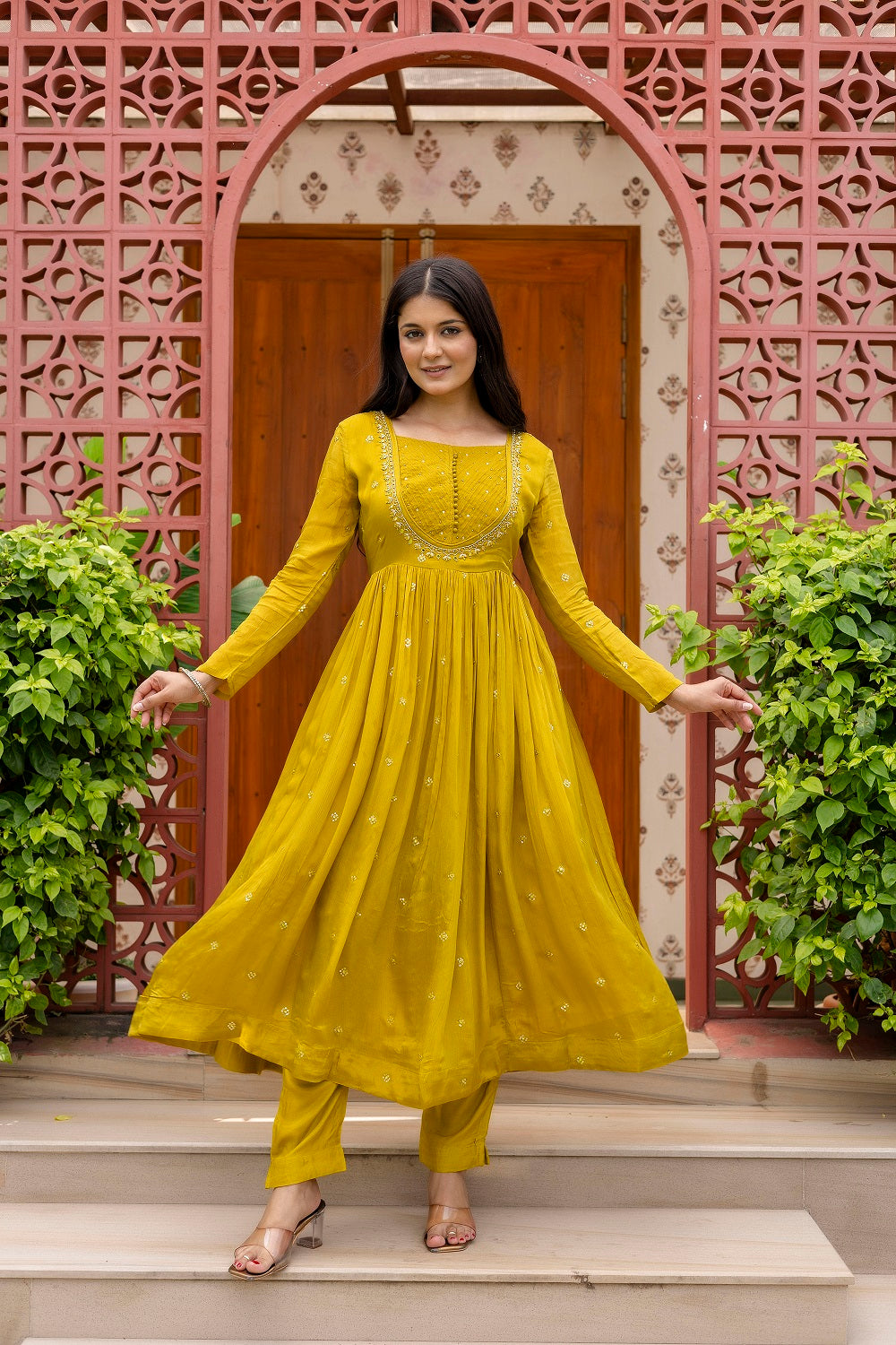 M Green Chinon Frock Kurti 3 Pieces Set