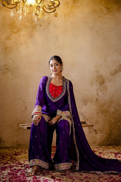 Violet Chinon Kurti Plazo 3 Pieces Set