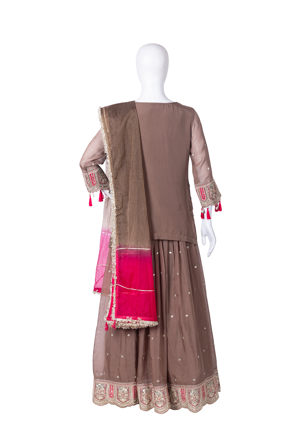 Brown Chinon Skirt Kurti 3 Pieces Set