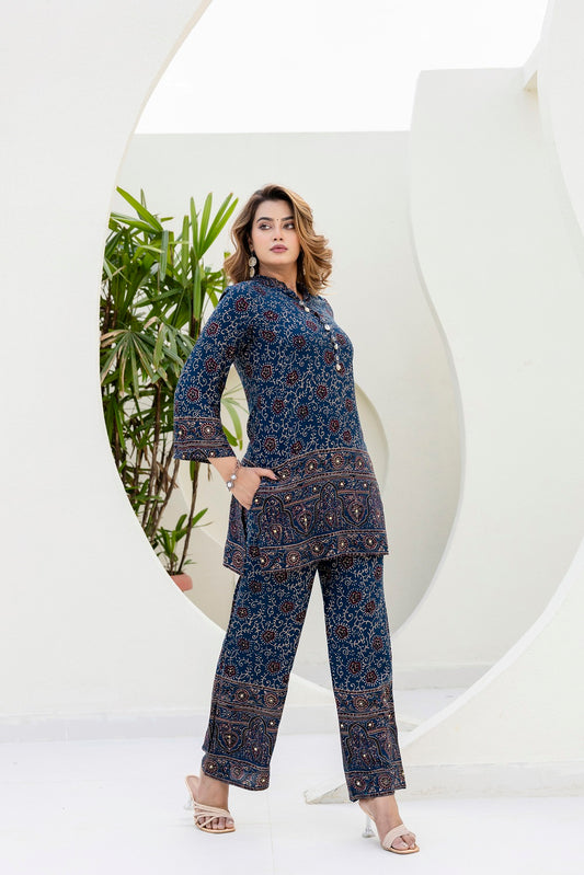 Peacock Blue Rayon Printed Kurti 2 Pieces Set