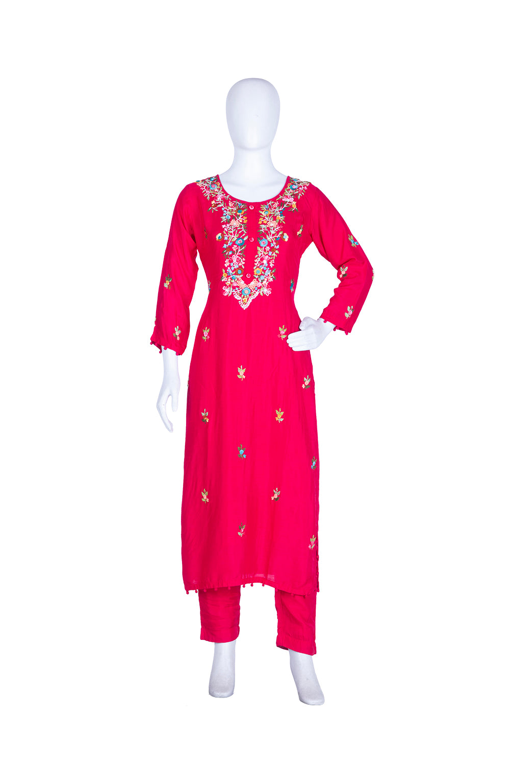 Rani Pink Silk Kurti Pant 3 Pieces Set