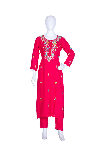Rani Pink Silk Kurti Pant 3 Pieces Set