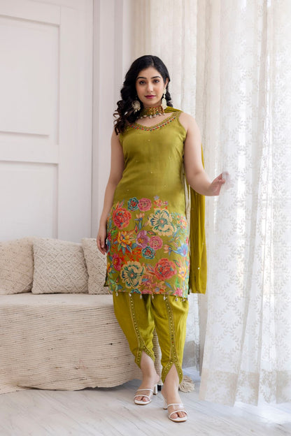 LIGHT GREEN STRAP KURTI WITH DHOTI AND DUPATTA