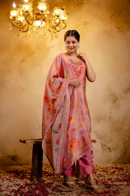 Pink Shimmer Printed Kurti 3 Pieces Set