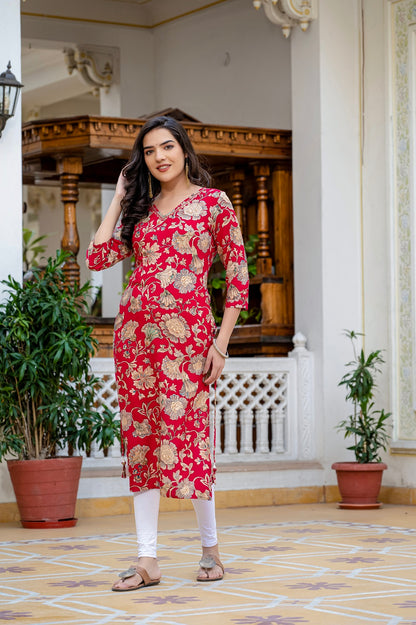 Red Printed Partyqueen Straight Cut Kurti