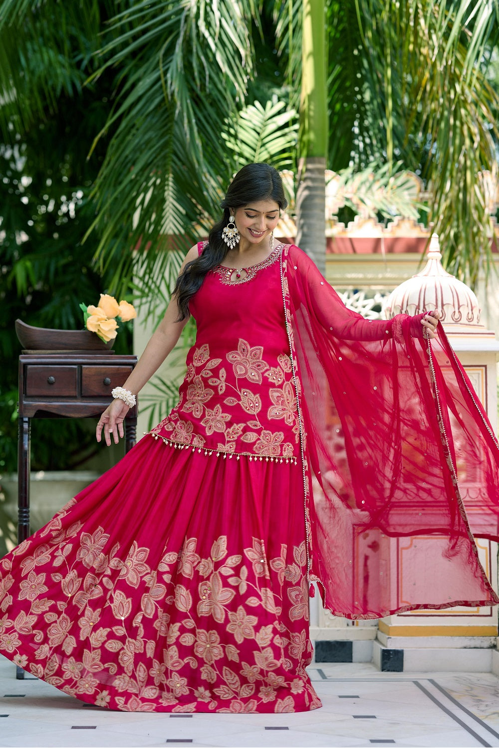 Reddish Pink Chinon Skirt Kurti 3 Pieces Set